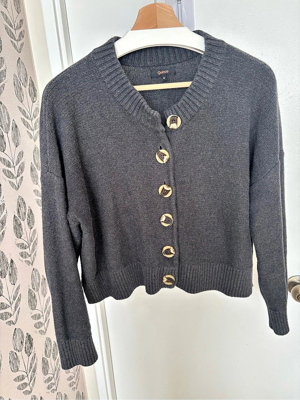 Quince 100% Organic Cotton Cropped Cardigan Gray Medium